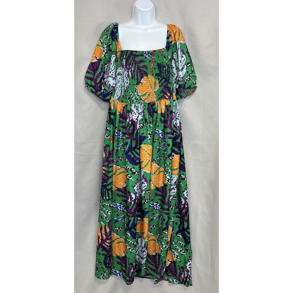 Cato Vibrant Green Floral Smocked Maxi Dress Puff Sleeves Womens XL